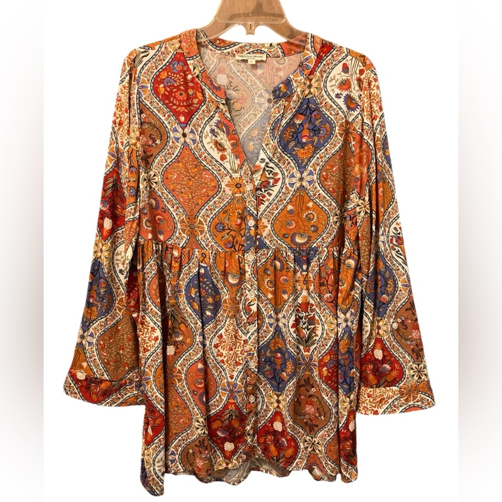 CHRISTIAN SIRIANO NEW YORK Indie Boho Earth Tones Moroccan Tile Print Blouse M